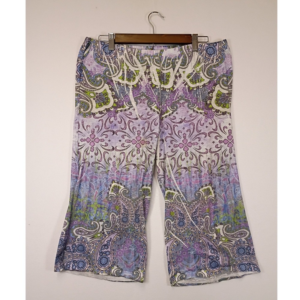 Boho Paisley Unity Sleep Womens Large Purple Green Capri Pajama Lounge Pants